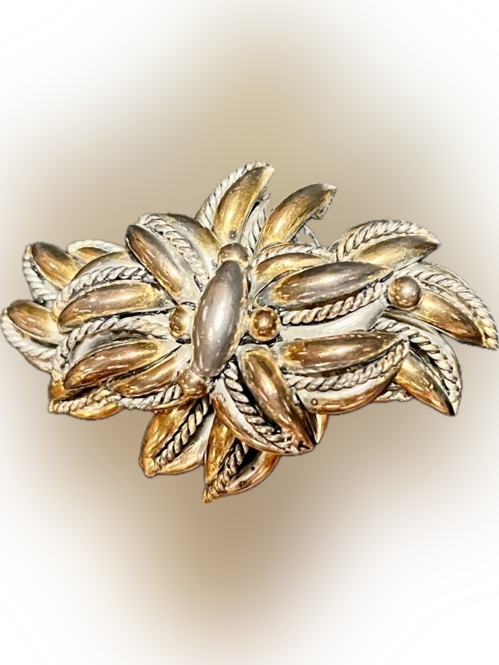 Vintage Two Tone Gold Silver Leaf Floral Statement Brooch Pin 2.5” 1950s Jewelry